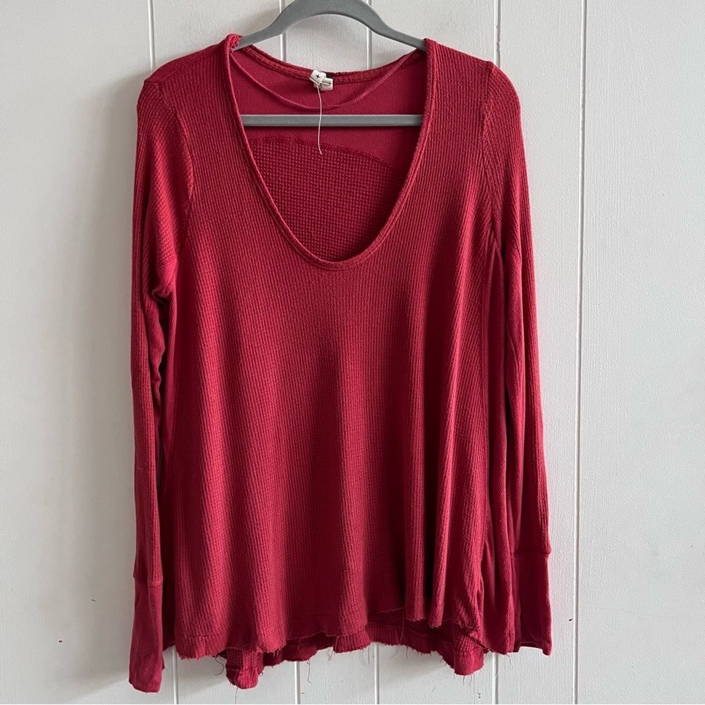 Free People We the Free Red Thermal Oversized Top Raw Hem